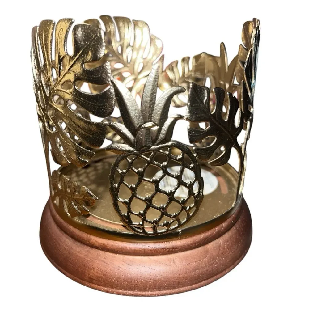 NEW Bath & Body Works Palm Leaf & Pineapple with Wood Base 3-Wick Candle Holder - Picture 3 of 3